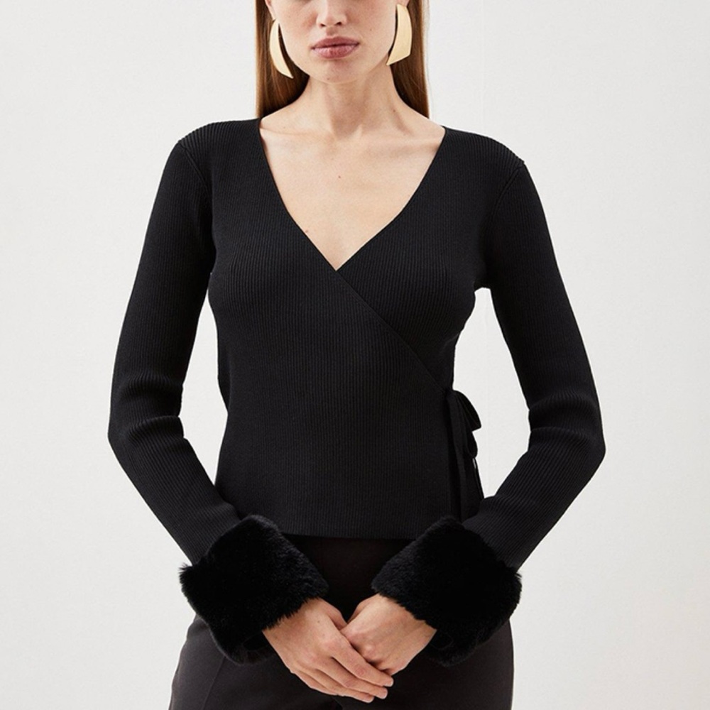 Karen Millen Black Rib Knit Faux Fur Cuff Wrap Long Sleeve Cardigan Sweater M